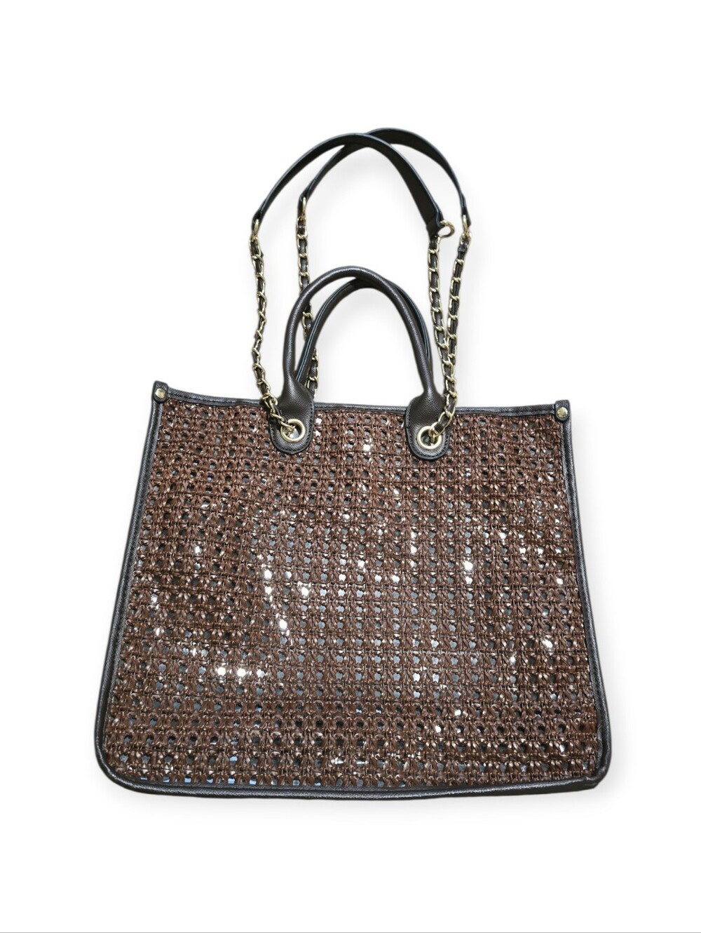Steve Madden Brown Woven Tote with Black Trim and Gold Chain - Picture 4 of 10